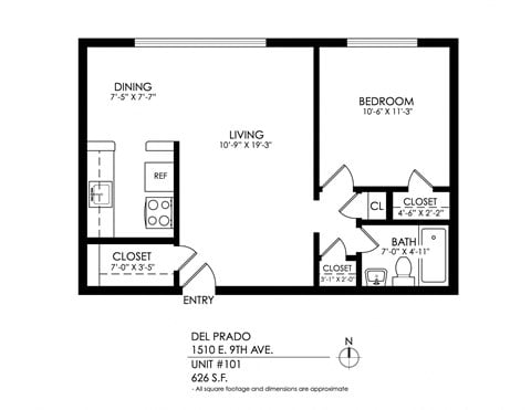 Floor plan for 1 bed, 1 bath, 626 sqft